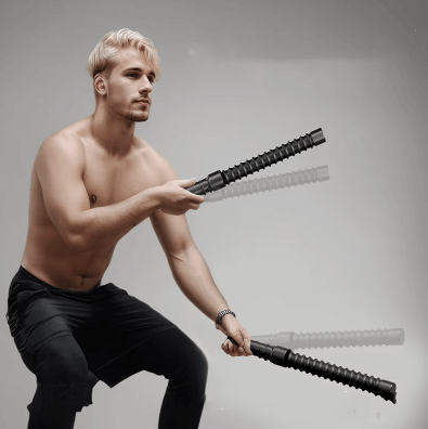 Homme s'entraînant avec des tiges élastiques à ressort de musculation pour renforcer le haut du corps.